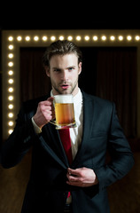 handsome man or businessman hold beer glass, meeting and relax