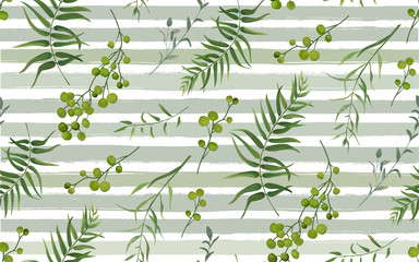 Materiał do szycia Palm different tree, foliage natural branches with green leaf berry tropical seamless pattern, watercolor style. Vector decorative beautiful cute elegant illustration on light blue stripped background