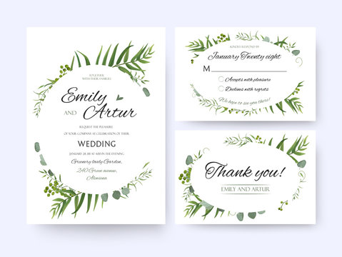 Wedding invite, invitation rsvp thank you card vector floral greenery design: Forest fern frond, palm leaf Eucalyptus branch green berries, foliage herbs elegant oval frame border. Watercolor cute set