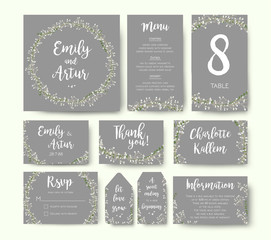 Wedding floral invitation invite flower card silver gray design: garden Baby's breath Gypsophila tiny flower wreath romantic rsvp, menu, label, thank you cards. Vector romantic print. Elegant template
