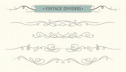 Vector hand drawn flourishes, text divider, graphic design element set. Designer art vintage border Wedding invitation card page decoration. Calligraphy, tender swirls, vintage elegant style motif