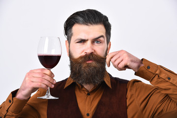 Waiter with tray and red wine glass. Service and restaurant