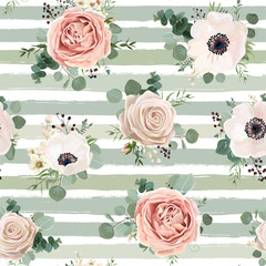 Seamless pattern Vector floral watercolor design: garden powder white pink Anemone flower silver Eucalyptus green thyme herb wax greenery leaves berry. Rustic background stripped blue green pale print
