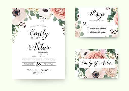 Wedding Invitation floral invite Rsvp cute card vector Designs set: garden lavender pink peach Rose white Anemone wax green Eucalyptus thyme leaves romantic trendy greenery forest bouquet rustic print