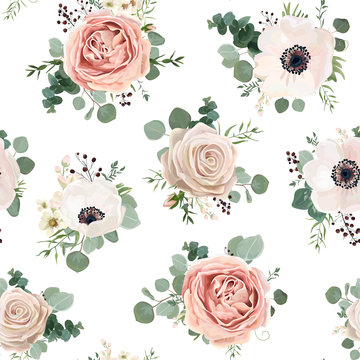 Seamless pattern Vector floral watercolor style design garden powder white pink Anemone flower silver Eucalyptus branch green thyme wax flowers greenery leaves berry. Rustic romantic background print