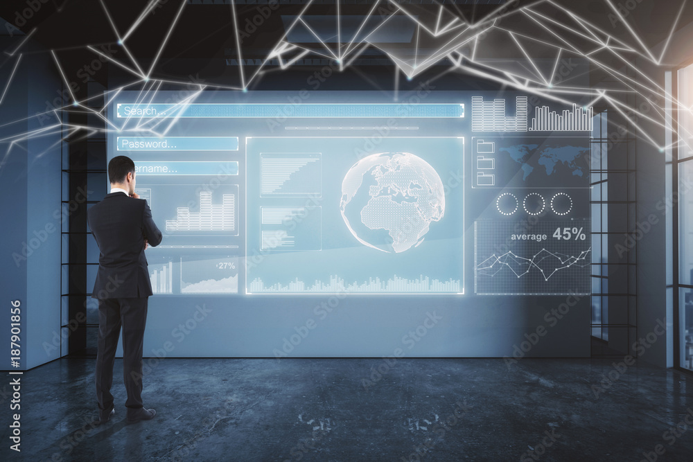 Poster man looking at business interface
