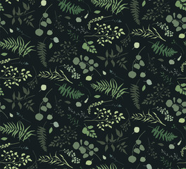 Seamless pattern of Eucalyptus palm fern different tree, foliage natural branches, green leaves herbs berries tropical heel hand drawn silhouette watercolor Vector decorative beauty elegant background