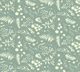 Materiał do szycia Seamless pattern of Eucalyptus palm fern different tree, natural branches, leaves, herbs, berry heel hand drawn silhouette watercolor Vector beauty elegant textile print on pale green blue background