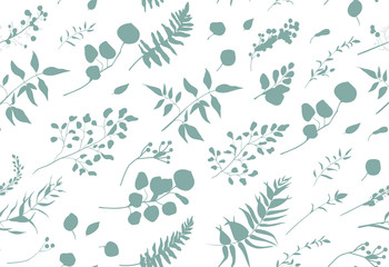 Materiał do szycia Seamless pattern of Eucalyptus palm fern different tree, foliage natural branches, blue leaves, herbs, berries tropical heel hand drawn silhouette watercolor Vector beauty elegant background on white