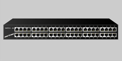 Ethernet switch with 48 ports. The name and emblem are invented. Vector illustration.