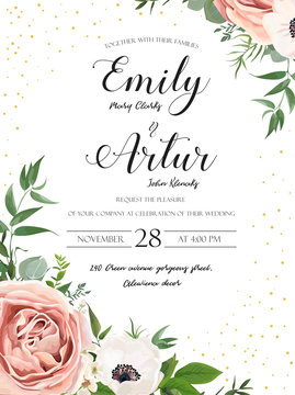 Wedding floral invite invitation card design: Rose pink lavender flower, white anemones, wax, Eucalyptus branch greenery leaves watercolor style, rustic, delicate green anniversary copy space template