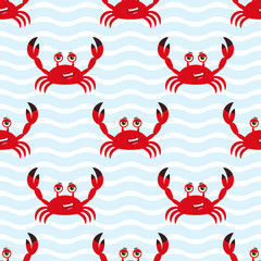 Marine seamless pattern with cute cartoon crab