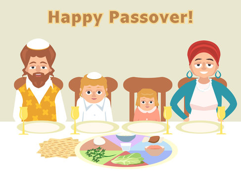 jewish family at feast of passover greeting card illustration