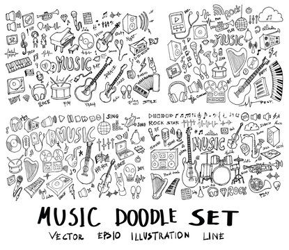 Set of Music Hand drawn doodle Sketch line vector scribble eps10