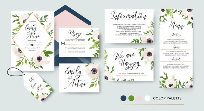 Wedding invite, menu, rsvp, thank you label save the date card Design with white, pink anemone flowers, green leaves greenery foliage bouquet & golden frame. Vector cute rustic delicate chic layout.
