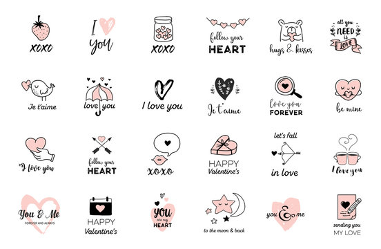 Love doodles, hand drawn illustrations and quotes collection