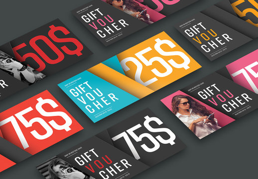 Gift Card and Voucher Set with Diagonal Design and Photo Elements