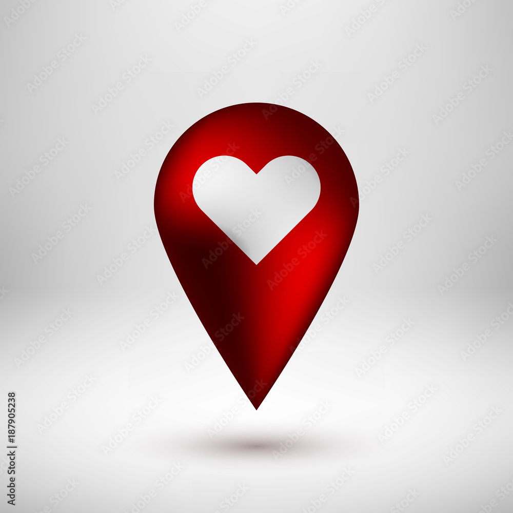 Poster red abstract map pointer badge, gps button with love, valentines heart sign, realistic shadow and li