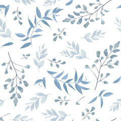 Seamless pattern, background, texture print with light watercolor hand drawn blue color dusty leaves, fern greenery forest herbs, plants. Tender, elegant textile fabric, wrapping paper backdrop layout