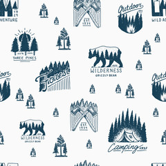camping seamless pattern, mountains coniferous forest and wooden logo. engraved hand drawn in old vintage sketch. emblem tent tourist, travel for labels. landscapes with pine trees background