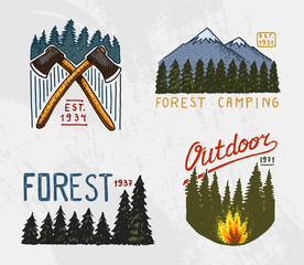 mountains and wooden logo, coniferous forest. camping and wild nature. landscapes with pine trees and hills. emblem or badge, tent tourist, travel for labels. engraved hand drawn in old vintage sketch