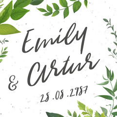 Wedding invite, invitation, save the date card Design with watercolor hand drawn art green color leaves, greenery, foliage forest bouquet, frame. Vector rustic elegant postcard illustration template