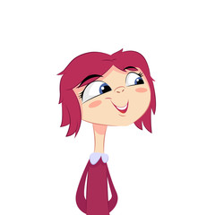 A girl with red hair in a dress cunningly looks aside