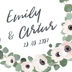 Wedding Invitation floral invite card watercolor style design with cute light white pink garden Anemone flowers, silver dollar Eucalyptus leaves & branches. Romantic elegant vector template