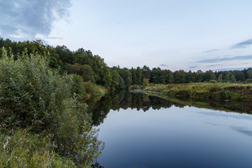 Fototapeta premium River between the coasts covered with forest at sunset