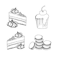 Cakes, cupcakes and pastry desserts.  muffin, creamy pie or tarts with strawberry and kiwi on whipped cream topping, waffle biscuit and cookies for bakery shop, cafe or patisserie