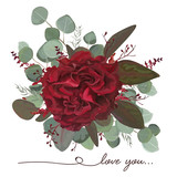 Vector floral bouquet design: garden red burgundy Rose flower, seeded antique Eucalyptus branch, marsala amaranthus, silver green fern leaves Watercolor designer element. Wedding invite, greeting card