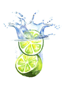 Fresh limes falling into water isolated on white background. Watercolor hand drawn illustration