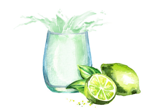 Glass of lime juice with splash. Watercolor hand drawn illustration