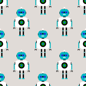 .Seamless pattern with cute robots. Vector seamless background.