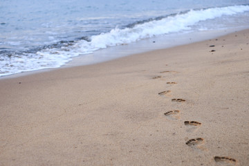 Human footprints on the sand beach. Travel vacations concept.