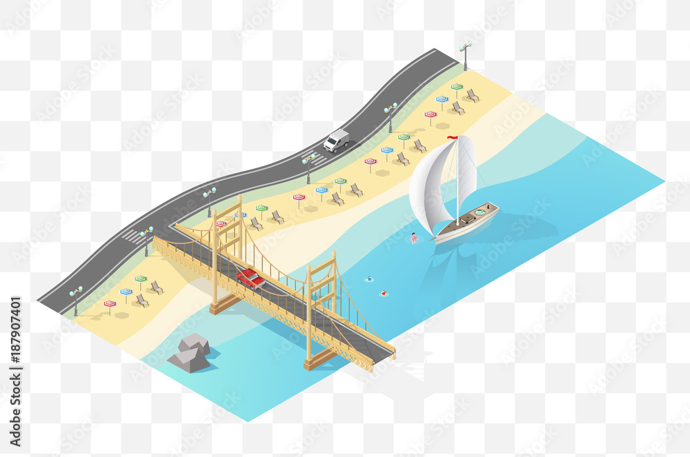 Poster set of isolated high quality isometric city elements. beach with bridge on transparent background