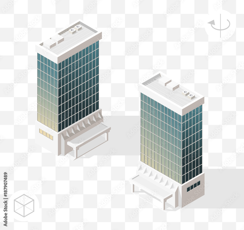 Poster isometric high quality city element with 45 degrees shadows on transparent background . skyscraper