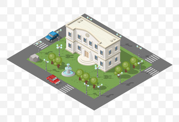 Isometric High Quality City Element with 45 Degrees Shadows on Transparent Background . School