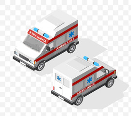 Set of Isolated High Quality Isometric City Elements. Ambulance with Shadows on Transparent Background