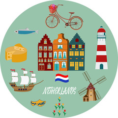 Obraz premium Holland travel cultural and sightseeing symbols frame background poster with tulips wooden clogs and windmills vector illustration