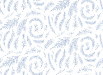 Seamless pattern, vector floral  design: drawn winter tree pine needles, juniper berry branch, blue spruce, cedar leaf greenery. Rustic Christmas, New Year texture wallpaper, wrapping paper cute print