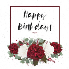 Floral Happy birthday greeting gift card design with vector watercolor floral bouquet decorative frame with garden red, burgundy Rose flowers, Eucalyptus branch & silver blue leaves. Editable template