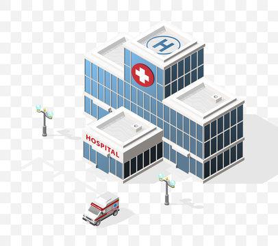 Isometric High Quality City Element with 45 Degrees Shadows on Transparent Background . Hospital