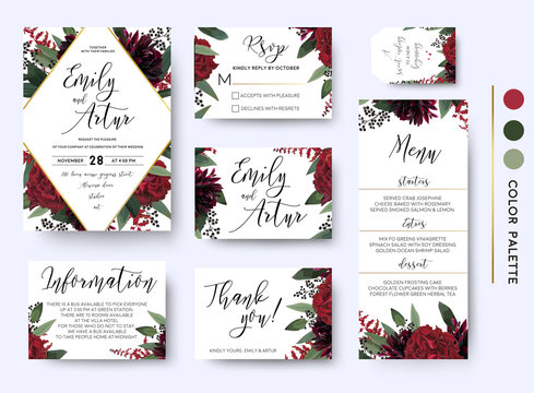 Wedding invite, invitation save the date rsvp thank you information cards set. Vector watercolor floral bouquet rhombus frame design: red burgundy Rose flower green leaves Eucalyptus branch & berries