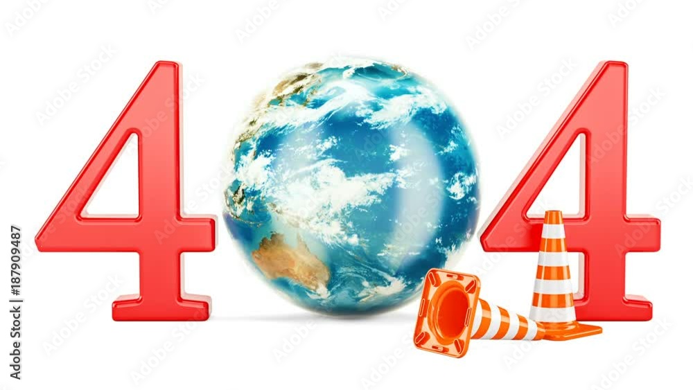 Poster 404 concept with rotating earth globe, 3d rendering isolated on white background