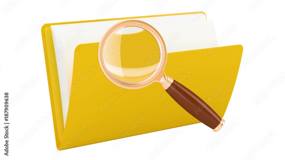 Poster folder with magnifier, animation. 3d rendering isolated on white background