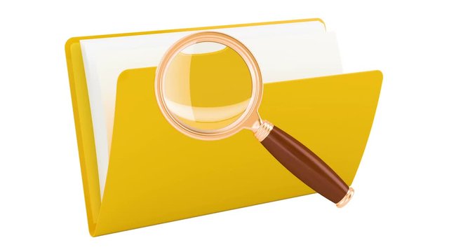 Folder with magnifier, animation. 3D rendering isolated on white background