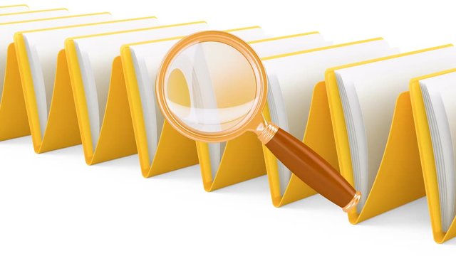 Row of folder with magnifier, animation. 3D rendering isolated on white background