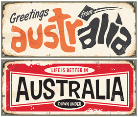 Greetings from Australia retro sign template. Life is better in Australia vintage souvenir card.  - obrazy, fototapety, plakaty