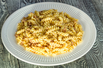Traditional Italian pasta or fussili with mince